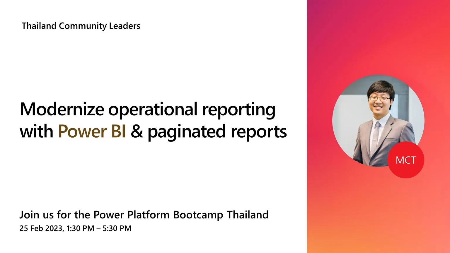 Speaker poster for a 2023 talk on modernizing operational reporting with Power BI and Paginated Reports.