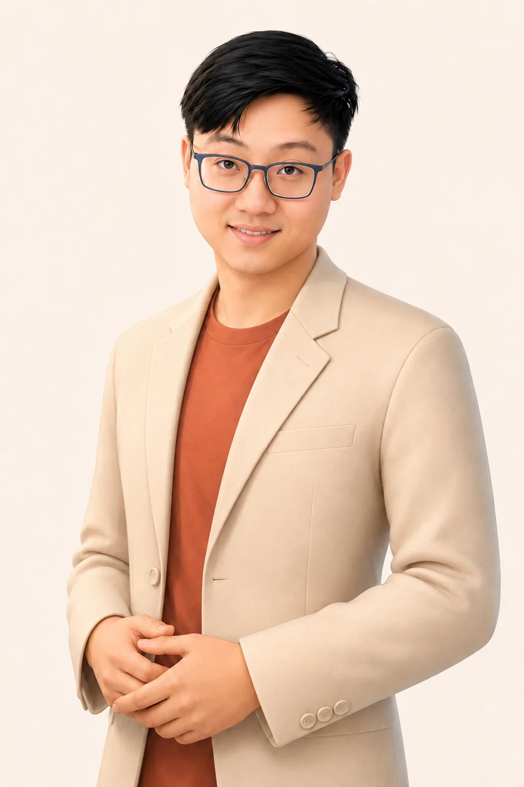 Smiling illustrated portrait of Charnrit Khongthanarat in a cream jacket and copper shirt
