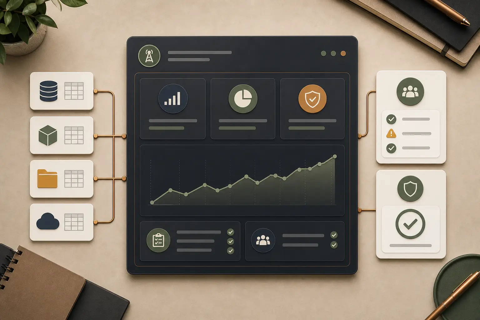 Anonymized control tower analytics POC visual with source cards, executive KPI panels, trend view, and validation cues.