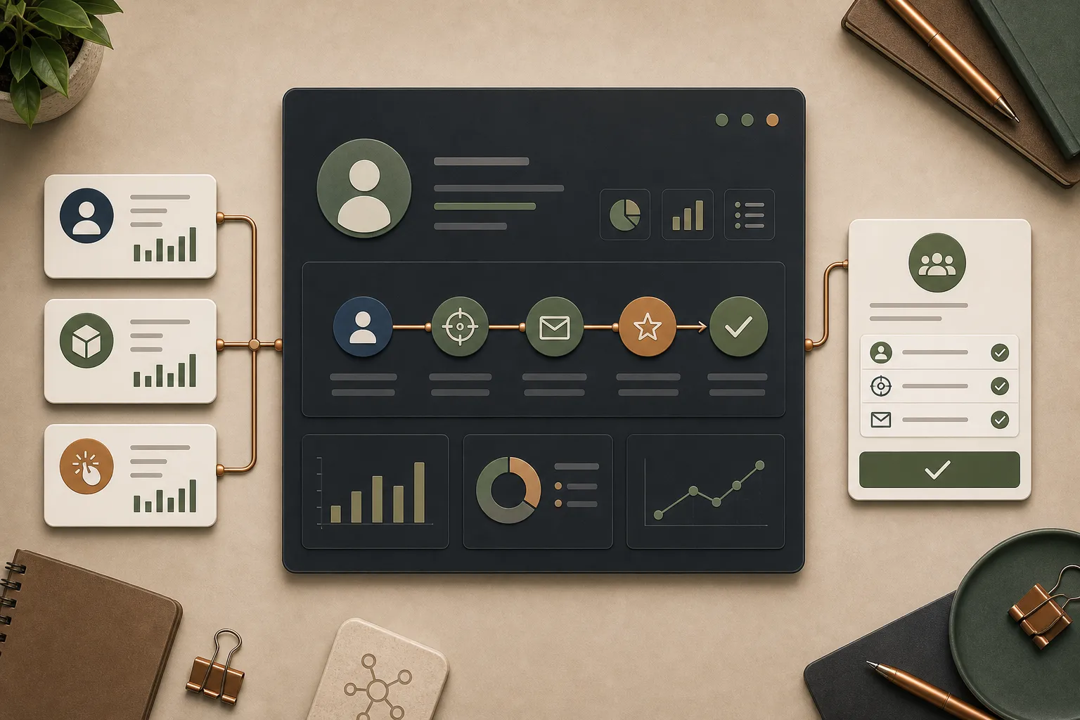 Anonymized customer 360 workbench visual with unified signal cards, lead workflow nodes, and review-ready output.