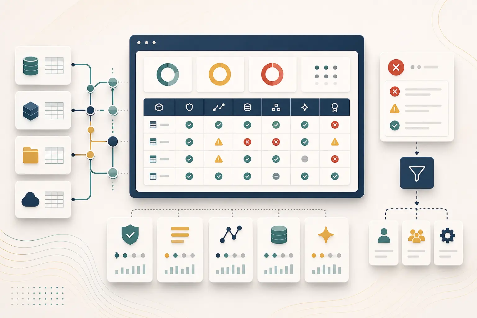 Anonymized data quality scorecard visual with governed status panels and validation indicators.
