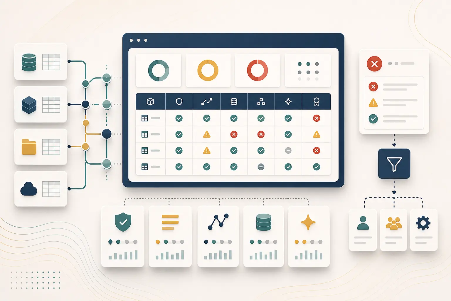 Anonymized data quality scorecard visual with governed status panels and validation indicators.
