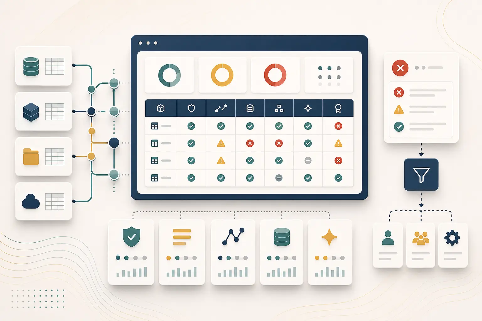 Anonymized data quality scorecard visual with governed status panels and validation indicators.