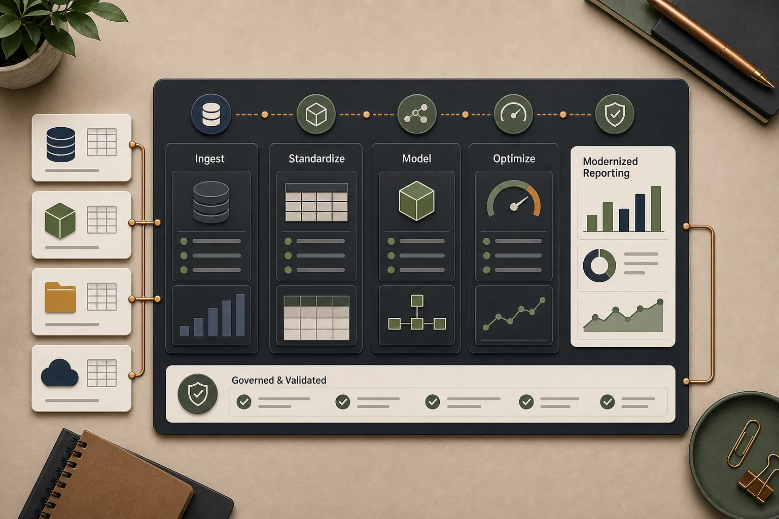 Anonymized analytics platform modernization visual with source cards, model layers, optimization panels, and validation cues.
