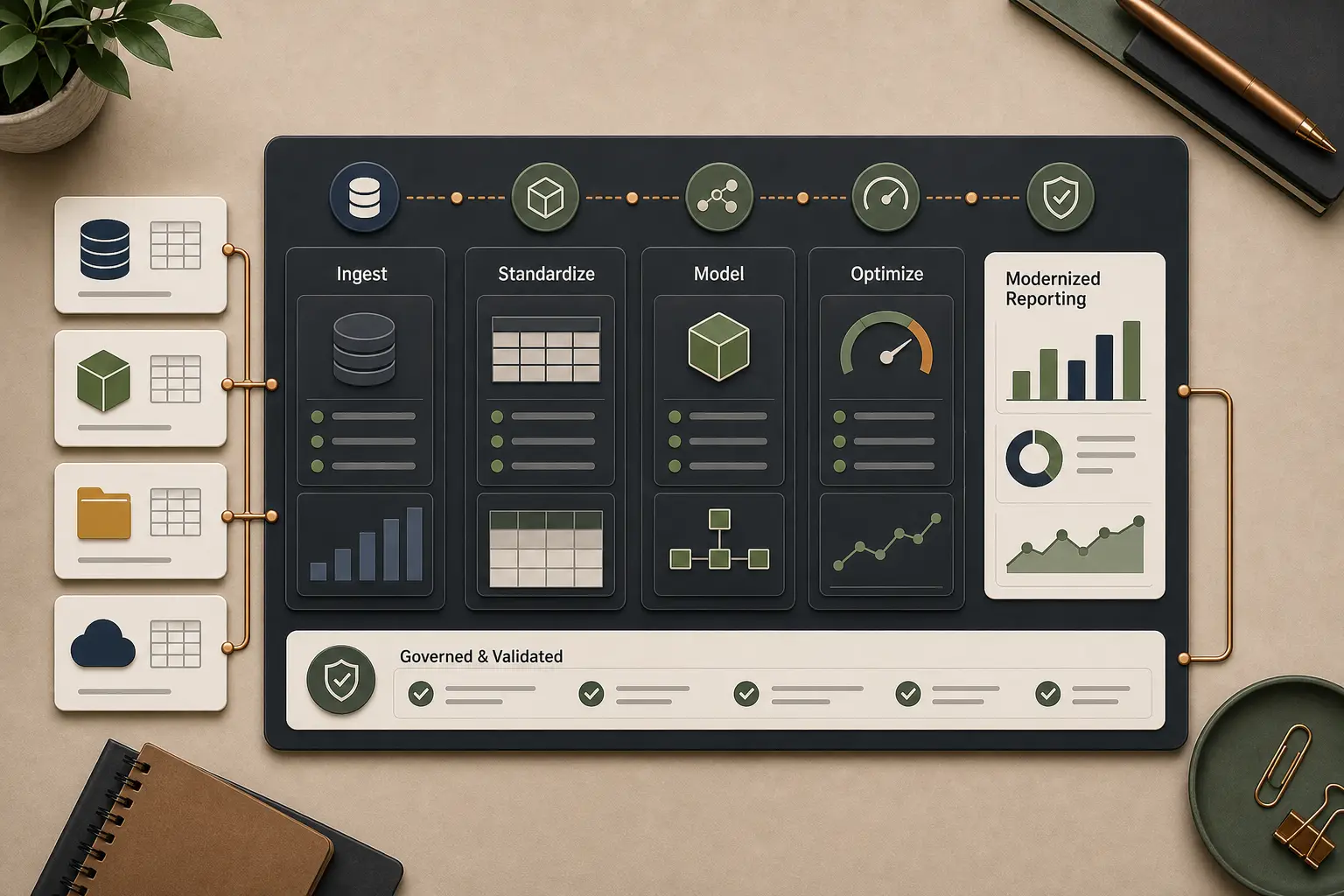Anonymized analytics platform modernization visual with source cards, model layers, optimization panels, and validation cues.