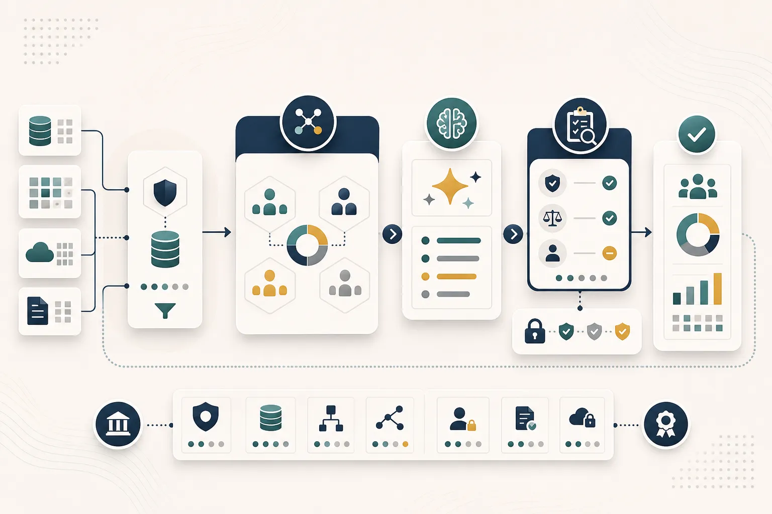Anonymized AI workflow exploration visual with banking data context, Azure OpenAI cues, and review controls.