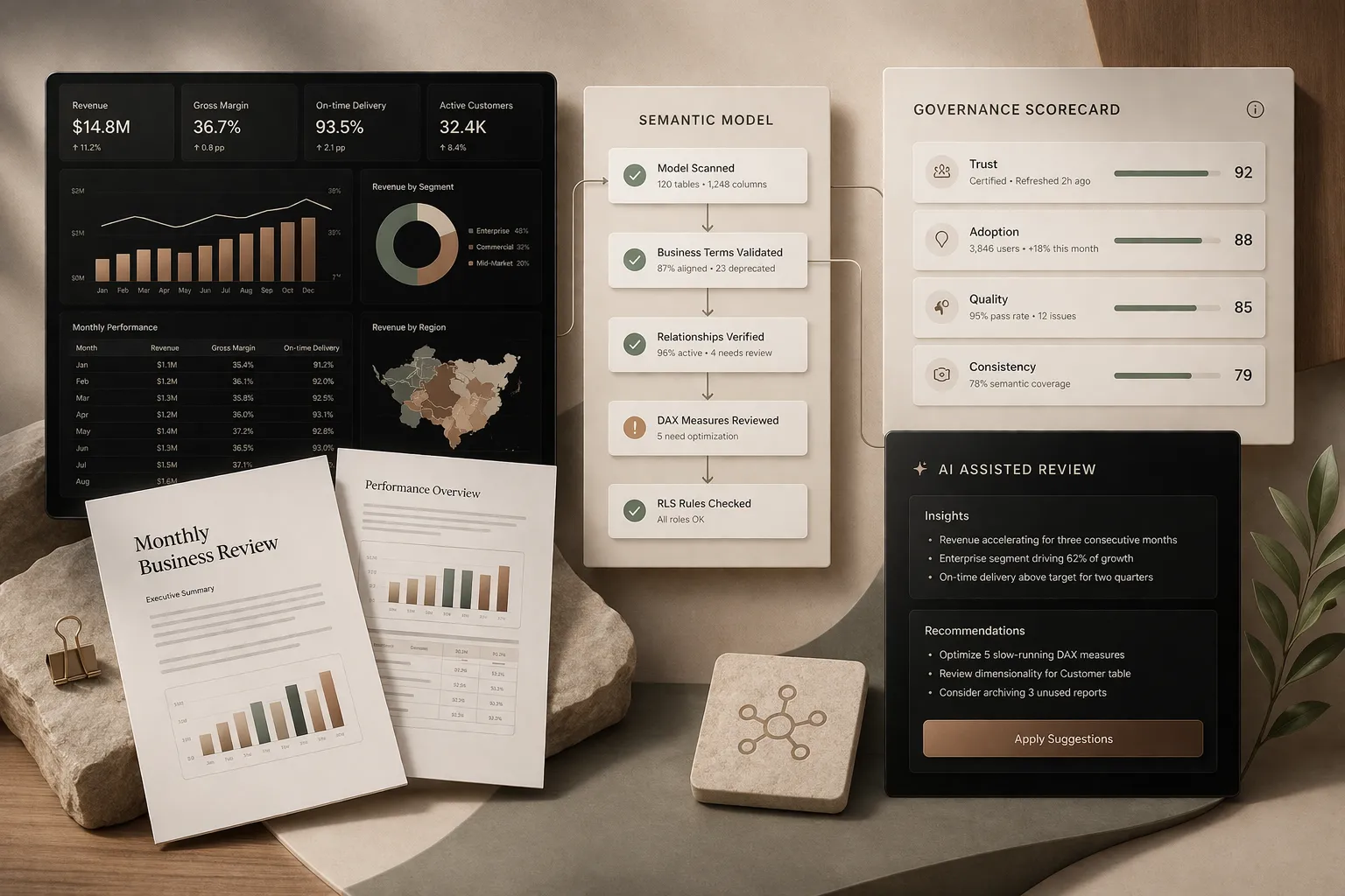 Anonymized BI engineering artifacts: a Power BI dashboard, a semantic model validation panel listing model and DAX checks, a governance scorecard, and an AI-assisted review pane.