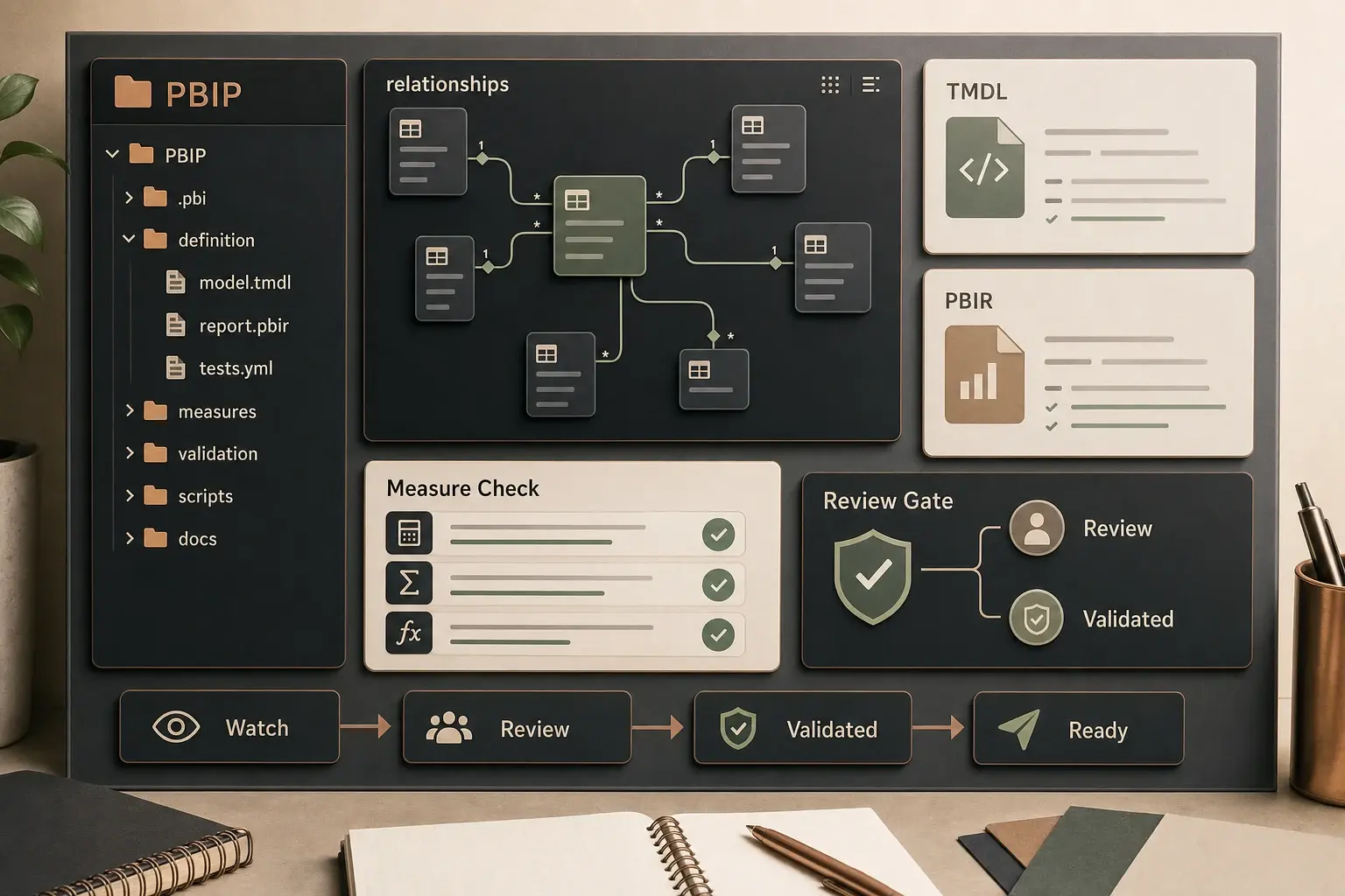 Portfolio-safe validation workflow visual with TMDL and PBIR inspection, DAX risk checks, and review gates.