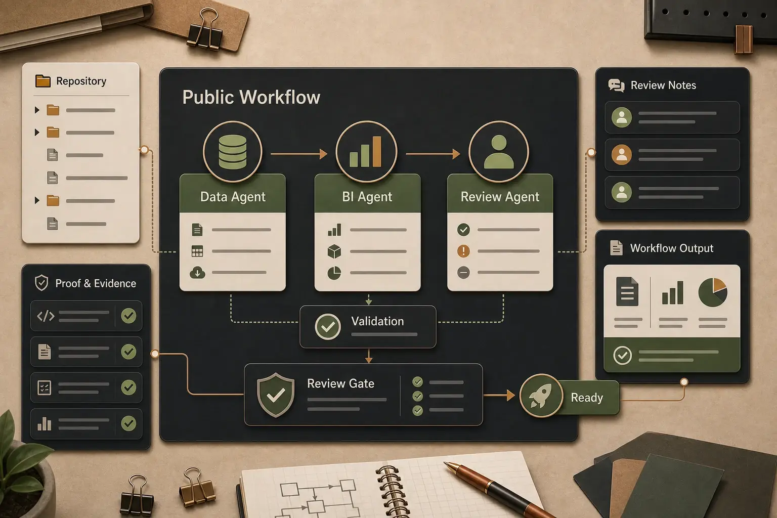Multi-agent BI workflow diagram connecting BI, data, and review agents.