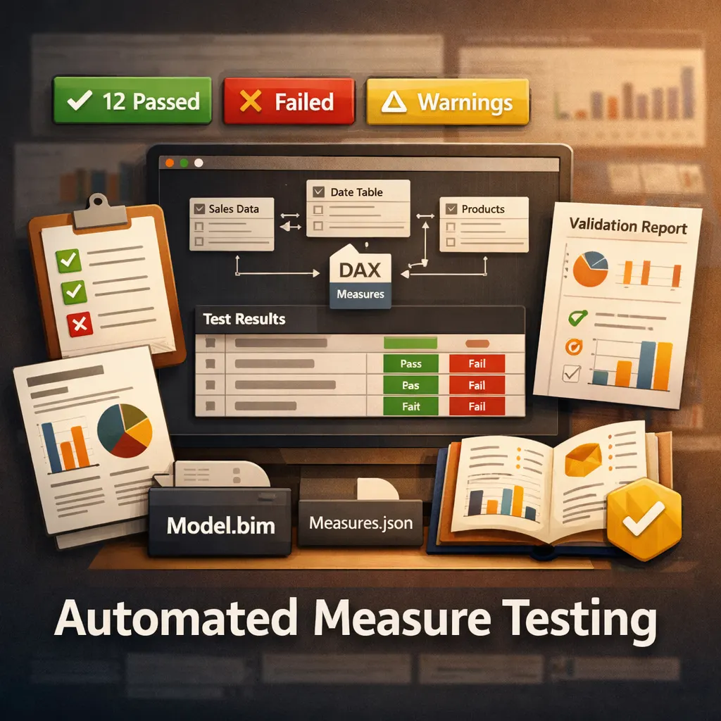 Conceptual Power BI measure-testing scoreboard with pass, fail, warning, and validation workflow panels.