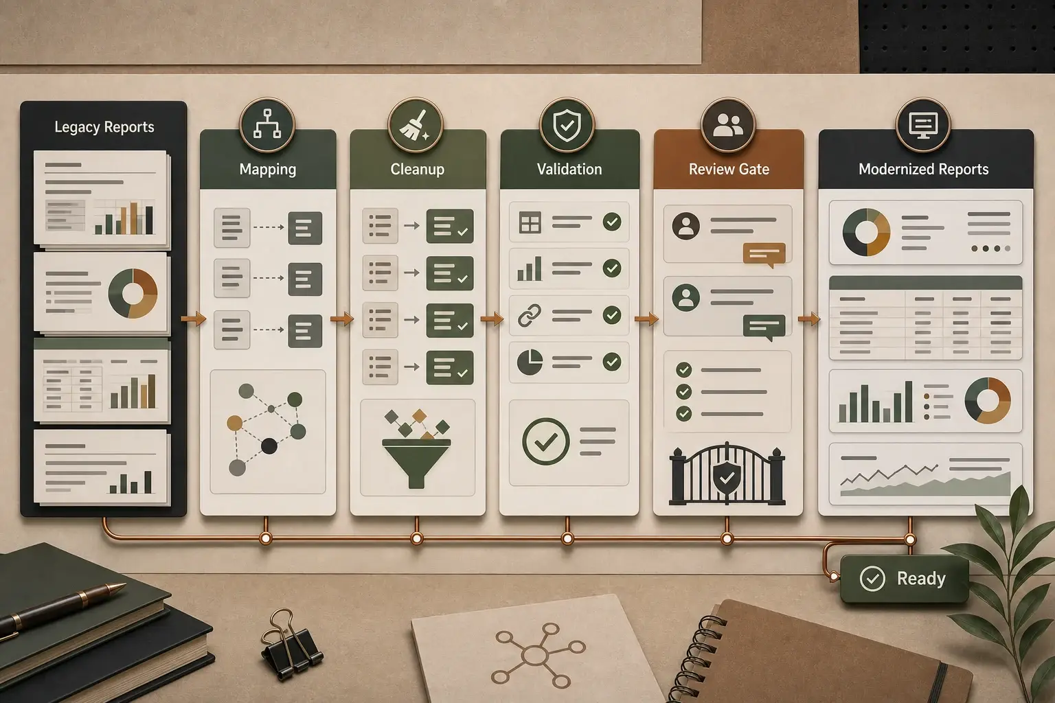 Portfolio-safe reporting modernization visual with legacy report inputs and Power BI delivery panels.