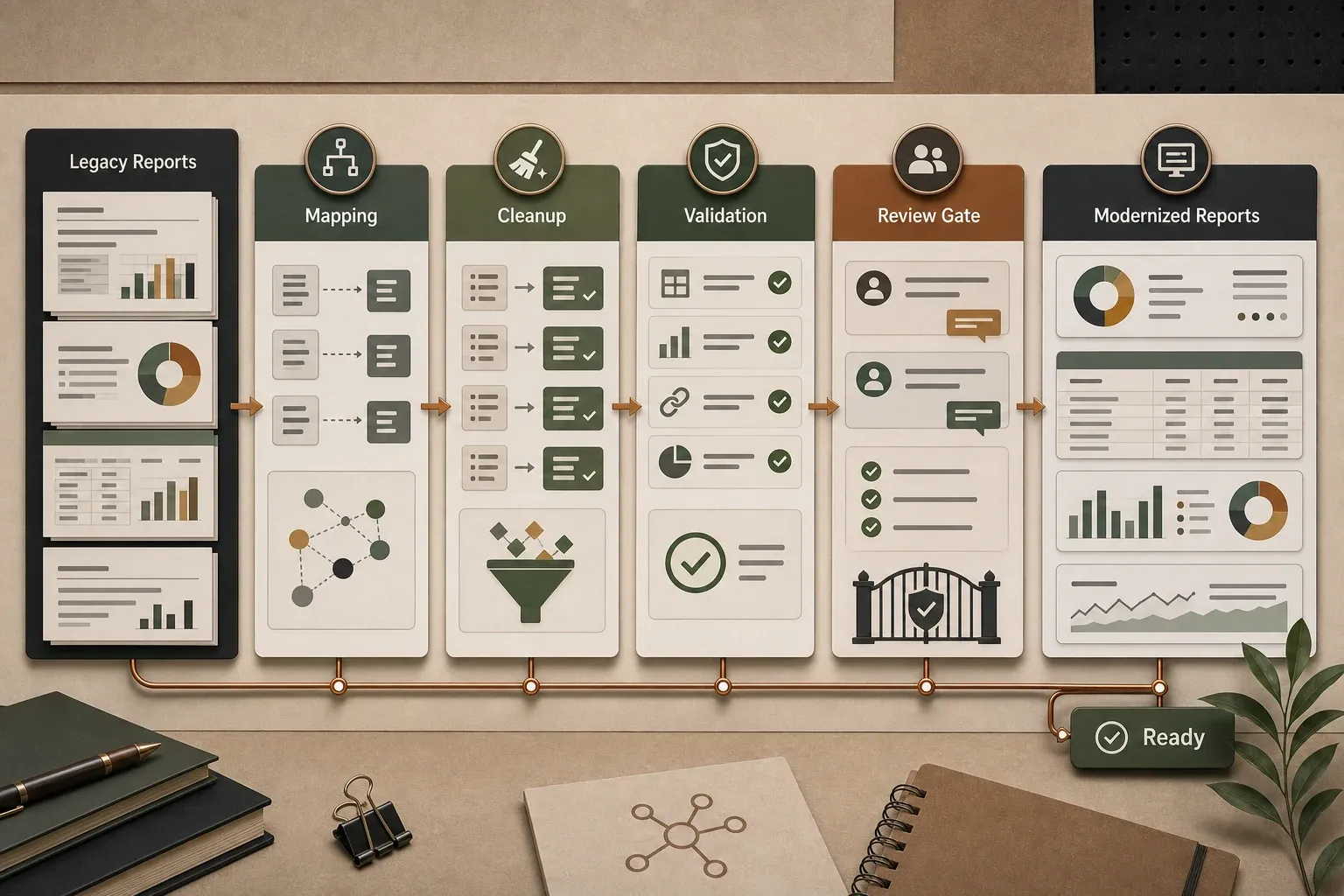 Portfolio-safe reporting modernization visual with legacy report inputs and Power BI delivery panels.
