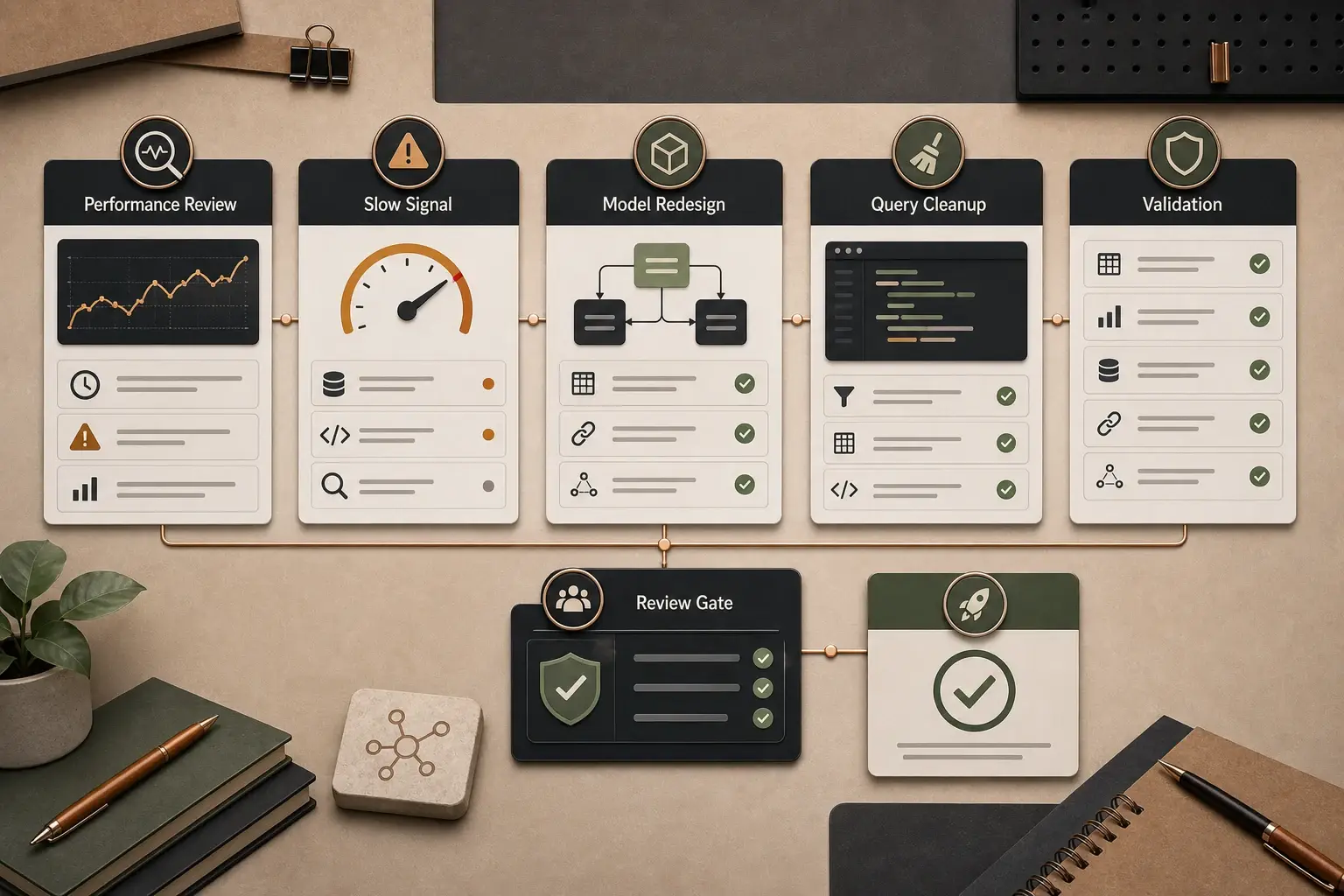Anonymized retail performance tuning visual with dashboard panels, query paths, and speed improvement cues.