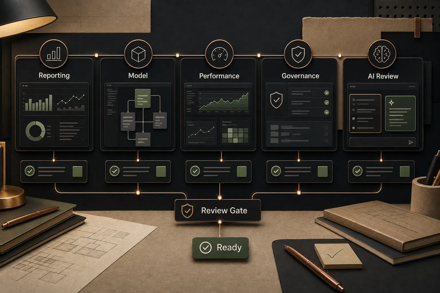 BI service themes diagram showing reporting modernization, semantic model validation, performance tuning, governance visibility, and AI-assisted workflows.