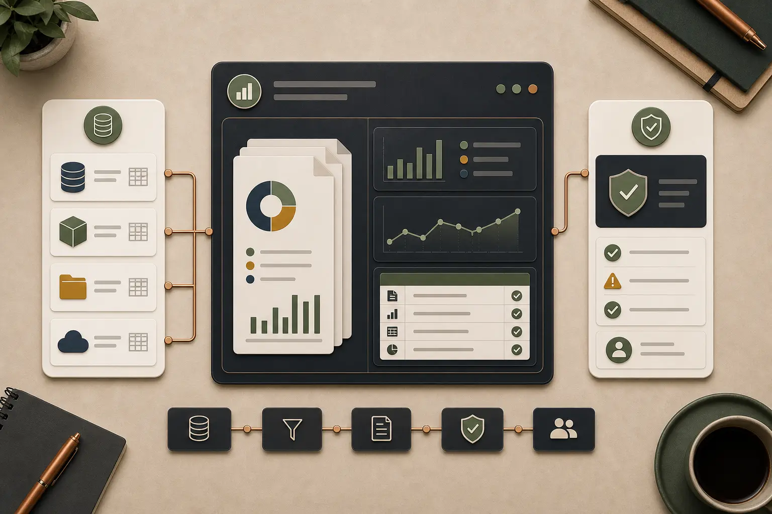 Anonymized trading analytics reporting visual with source cards, report stack, compliance panels, and validation checks.